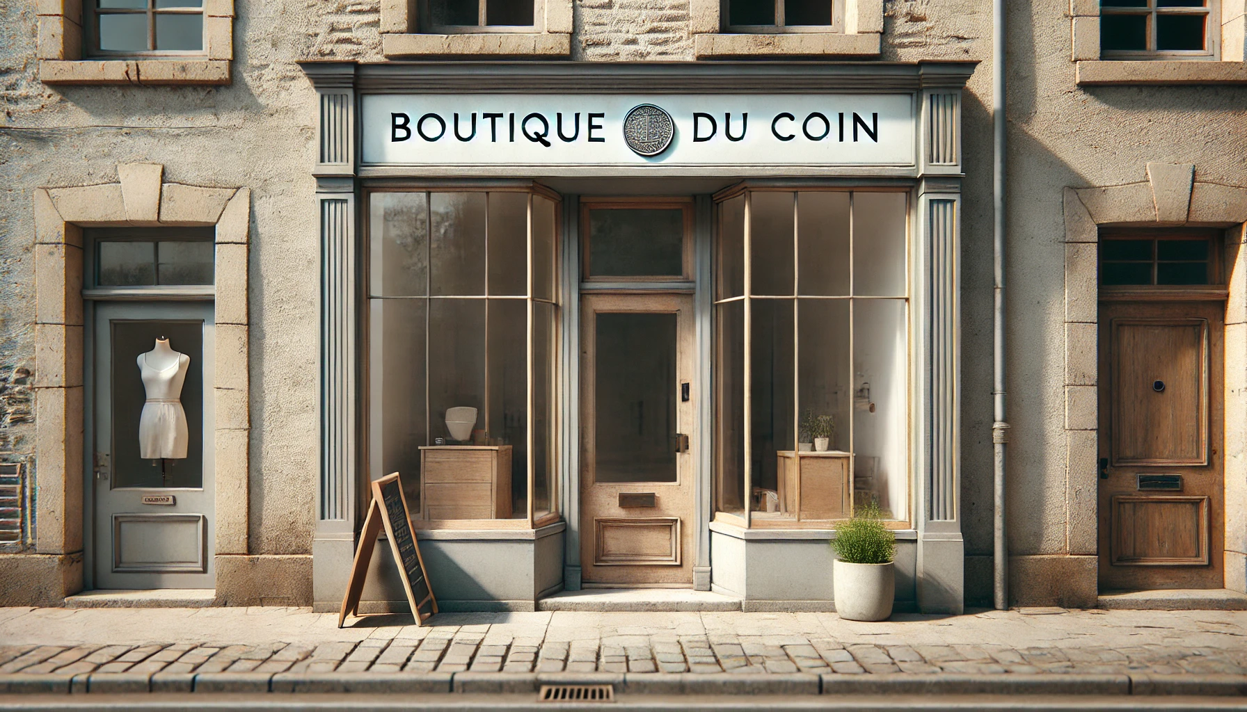 DALL·E 2025-03-22 19.01.53 - A photorealistic storefront of a modest, everyday boutique, with simpler glass windows, a plain white sign reading _Boutique du Coin_, a basic wooden